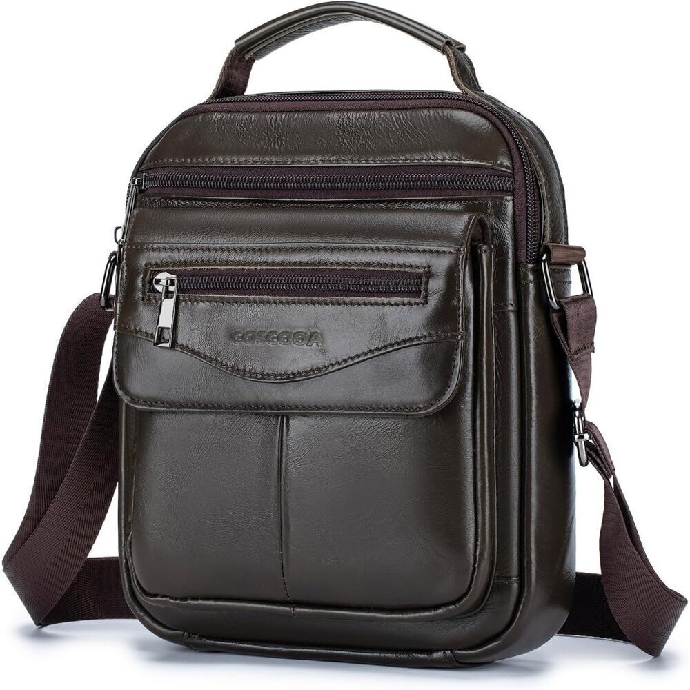 Coscooa Leather Crossbody Bag Men Dark Coffee Messenger Satchel Travel Shoulder